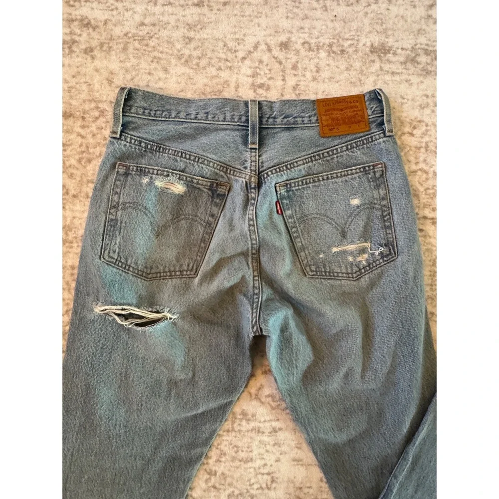 Levis 501 Skinny Distressed High Rise Button Fly Jeans Medium Wash Denim Size 27 - Picture 7 of 13